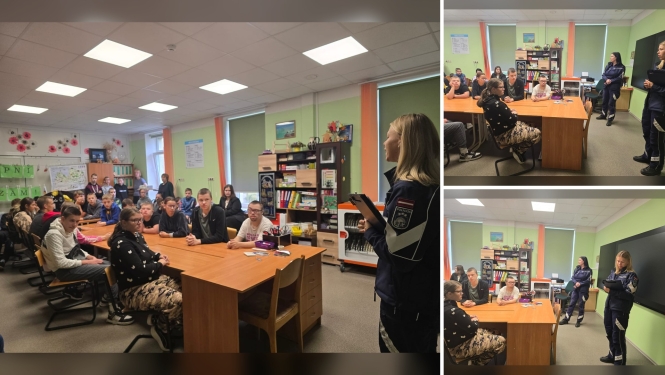 Policijas darbinieces Antūžu pamatskolas klasē vada izglītojošu nodarbību skolēniem par drošības jautājumiem. Kolāžā redzami trīs nodarbības mirkļi.