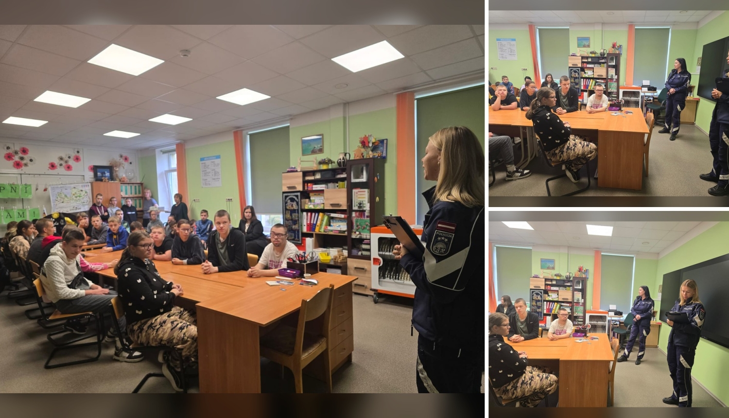 Policijas darbinieces Antūžu pamatskolas klasē vada izglītojošu nodarbību skolēniem par drošības jautājumiem. Kolāžā redzami trīs nodarbības mirkļi.
